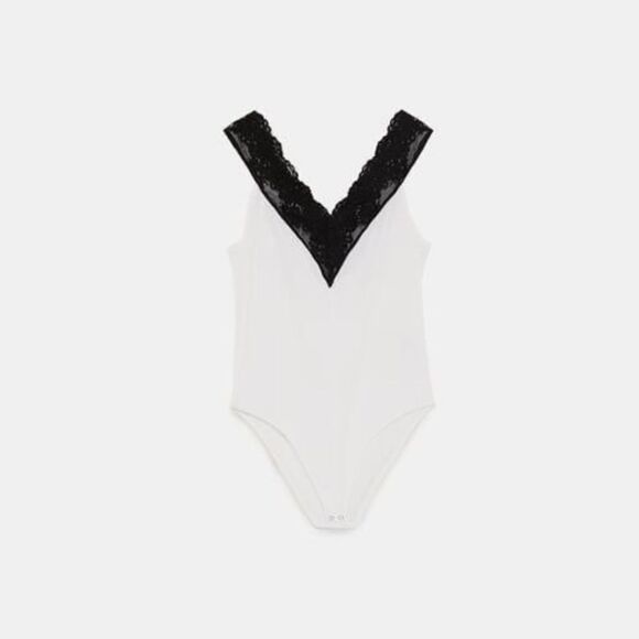 ZARA Trafaluc White Bodysuit with Black Lace Trim NWT Size Small - Picture 2 of 8